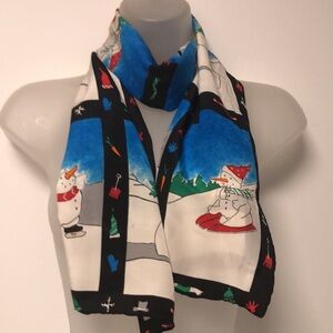 Whimsical festive vintage oblong hand rolled silk "Snowman" scarf by Seasons.